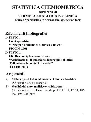 STATISTICA CHEMIOMETRICA per il corso di CHIMICA ANALITICA E CLINICA