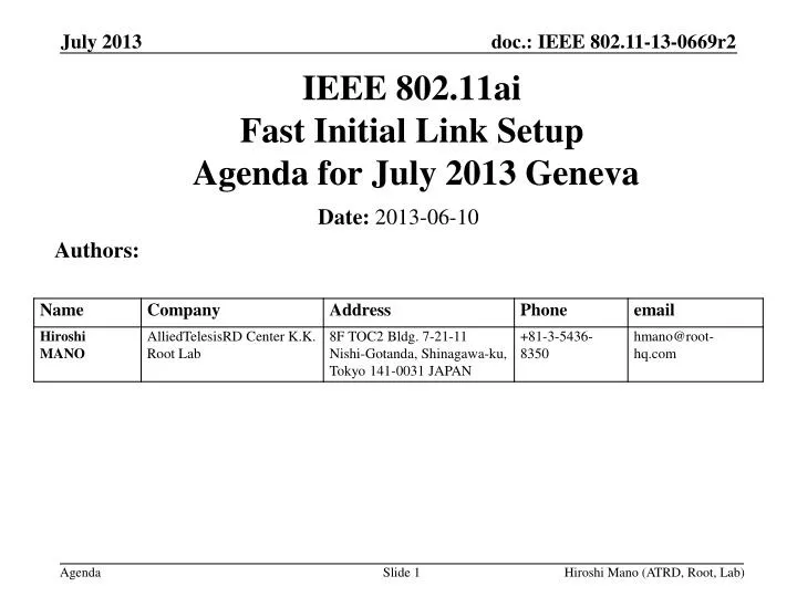 ieee 802 11ai fast initial link setup agenda for july 2013 geneva