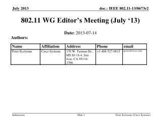 802.11 WG Editor’s Meeting (July ‘13)
