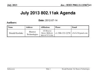 July 2013 802.11ak Agenda