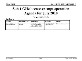 Sub 1 GHz license-exempt operation Agenda for July 2010