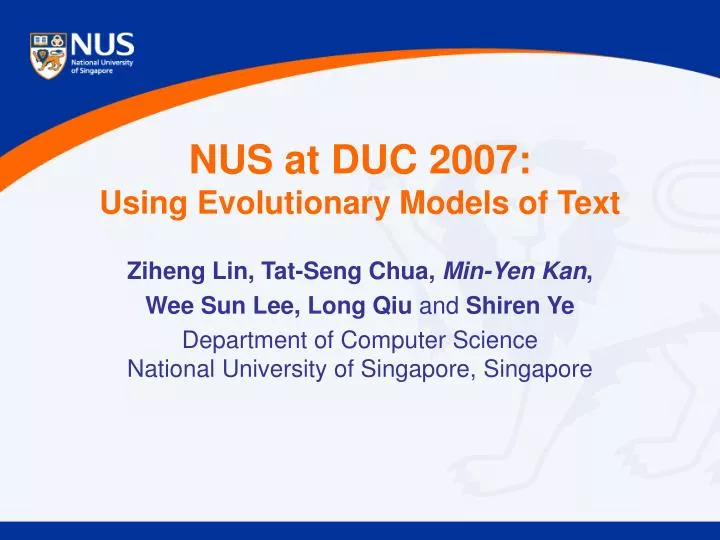 nus at duc 2007 using evolutionary models of text