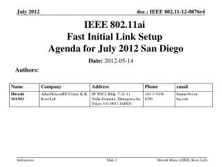 IEEE 802.11ai Fast Initial Link Setup Agenda for July 2012 San Diego