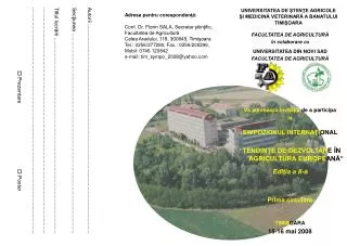 FACULTATEA DE AGRICULTURĂ în colaborare cu UNIVERSITATEA DIN NOVI SAD FACULTATEA DE AGRICULTURĂ