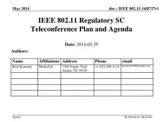 IEEE 802.11 Regulatory SC Teleconference Plan and Agenda