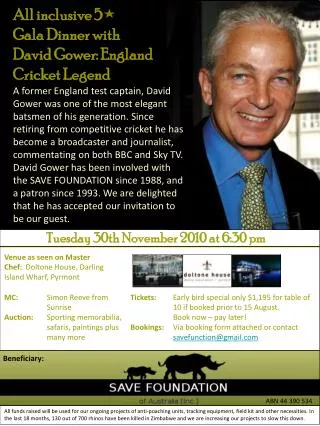 All inclusive 5 Gala Dinner with David Gower: England Cricket Legend