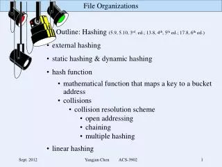 Outline: Hashing (5.9, 5.10, 3 rd . ed.; 13.8, 4 th , 5 th ed.; 17.8, 6 th ed.)