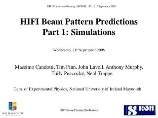 HIFI Beam Pattern Predictions Part 1: Simulations Wednesday 21 st September 2005