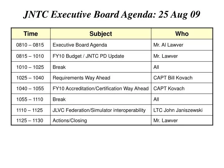 jntc executive board agenda 25 aug 09