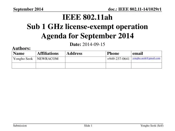 ieee 802 11ah sub 1 ghz license exempt operation agenda for september 2014