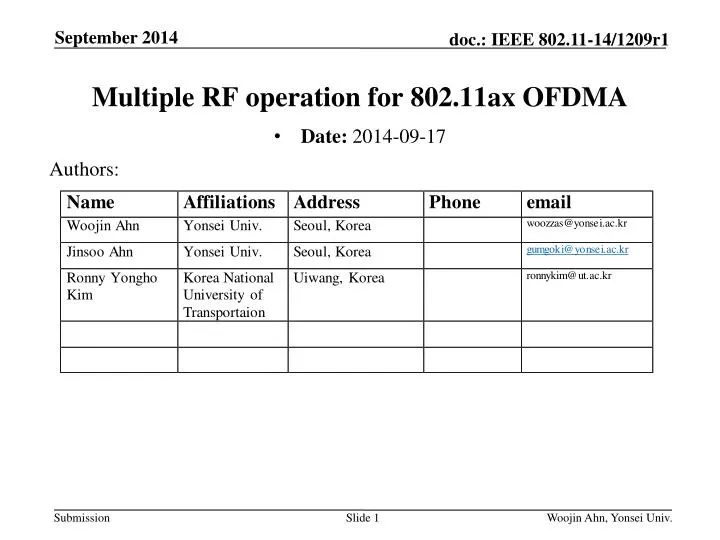 multiple rf operation for 802 11ax ofdma