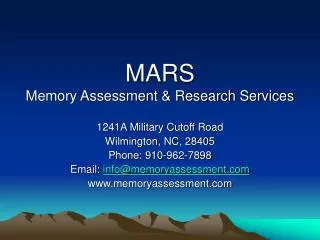 MARS Memory Assessment &amp; Research Services