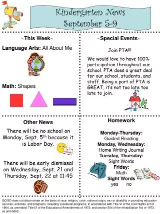 Kindergarten News September 5-9