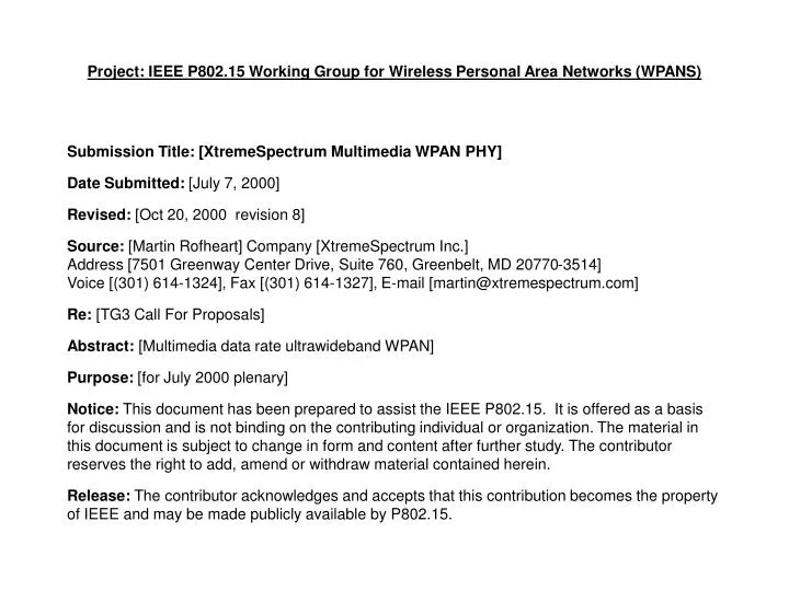 project ieee p802 15 working group for wireless personal area networks wpans