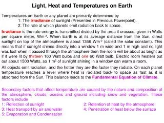 Light, Heat and Temperatures on Earth