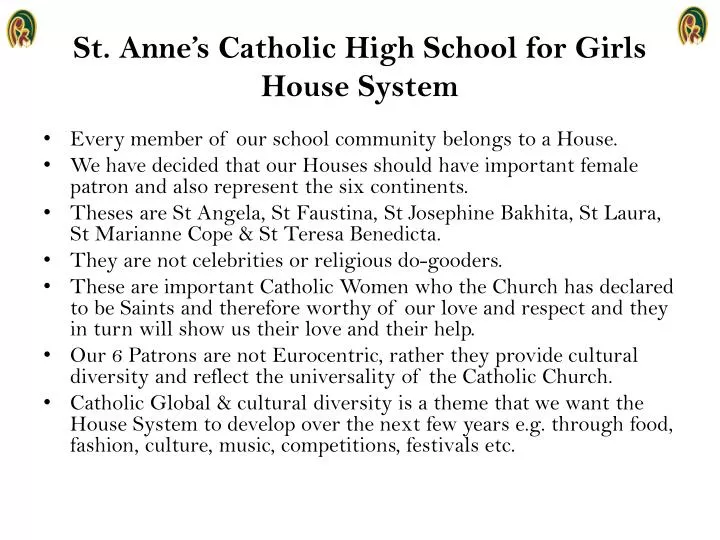 st anne s catholic high school for girls house system
