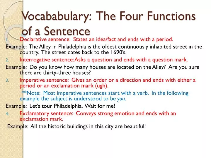 vocababulary the four functions of a sentence