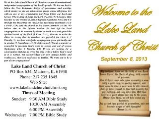 Lake Land Church of Christ PO Box 634, Mattoon, IL 61938 Phone: 217.235.1645