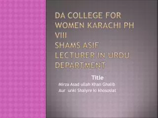 DA College for women Karachi ph viii Shams Asif Lecturer in Urdu department