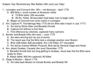 Subject: Key Revolutionary War Battles (Win and Loss Tally)