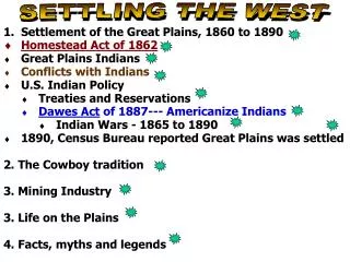 Settlement of the Great Plains, 1860 to 1890 Homestead Act of 1862 Great Plains Indians