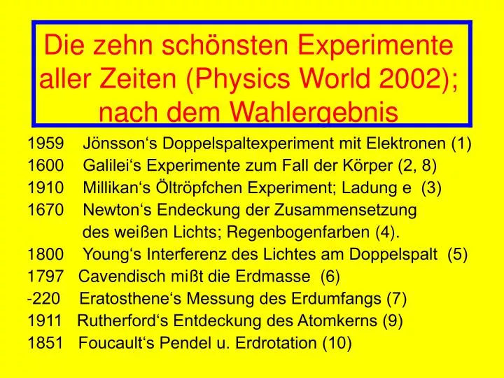 die zehn sch nsten experimente aller zeiten physics world 2002 nach dem wahlergebnis