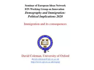 Seminar of European Ideas Network EIN Working Group on Innovation Demography and Immigration: