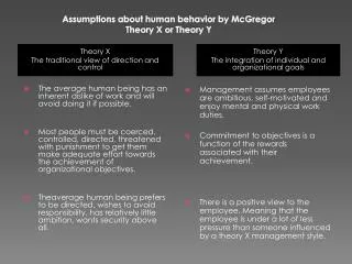 Assumptions about human behavior by McGregor Theory X or Theory Y