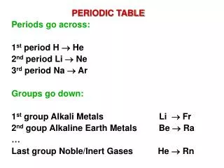 PERIODIC TABLE Periods go across: 1 st period H ? He 2 nd period Li ? Ne