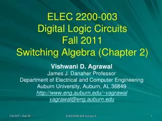 ELEC 2200-003 Digital Logic Circuits Fall 2011 Switching Algebra (Chapter 2)