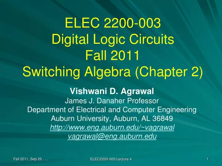 elec 2200 003 digital logic circuits fall 2011 switching algebra chapter 2
