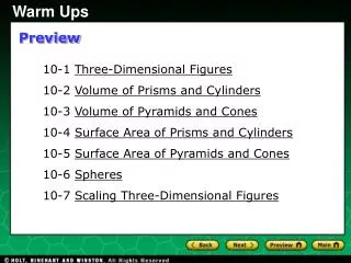 10-1 Three-Dimensional Figures 10-2 Volume of Prisms and Cylinders