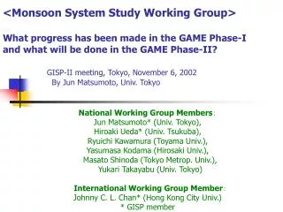 National Working Group Members ? Jun Matsumoto* (Univ. Tokyo), Hiroaki Ueda* (Univ. Tsukuba),