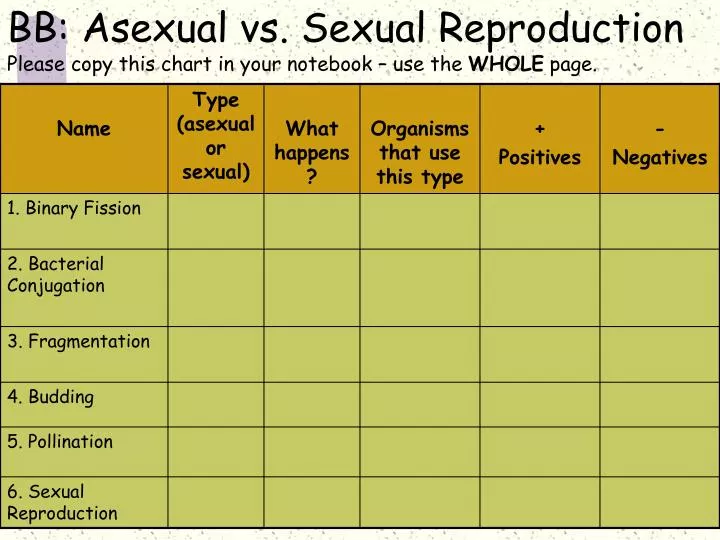 bb asexual vs sexual reproduction please copy this chart in your notebook use the whole page