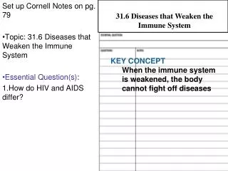 Set up Cornell Notes on pg. 79 Topic: 31.6 Diseases that Weaken the Immune System