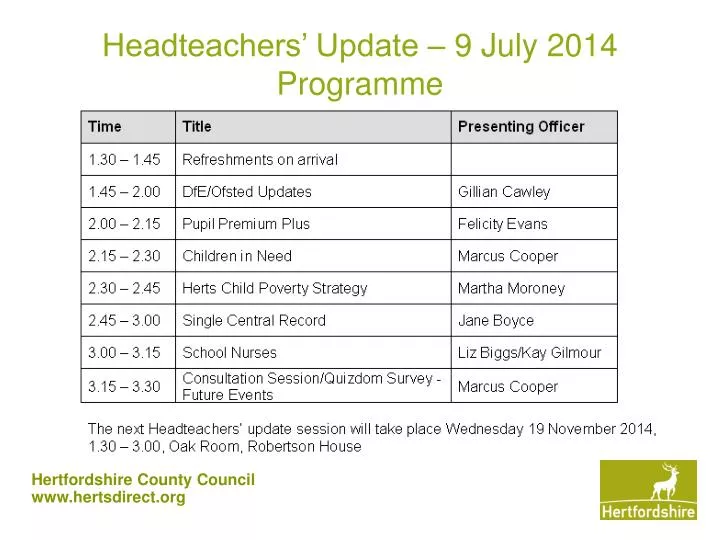 headteachers update 9 july 2014 programme