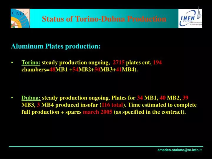 status of torino dubna production
