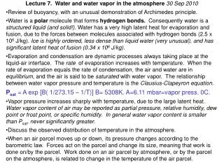 Lecture 7. Water and water vapor in the atmosphere 30 Sep 2010