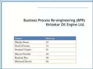 Business Process Re-engineering (BPR) Kirloskar Oil Engine Ltd.