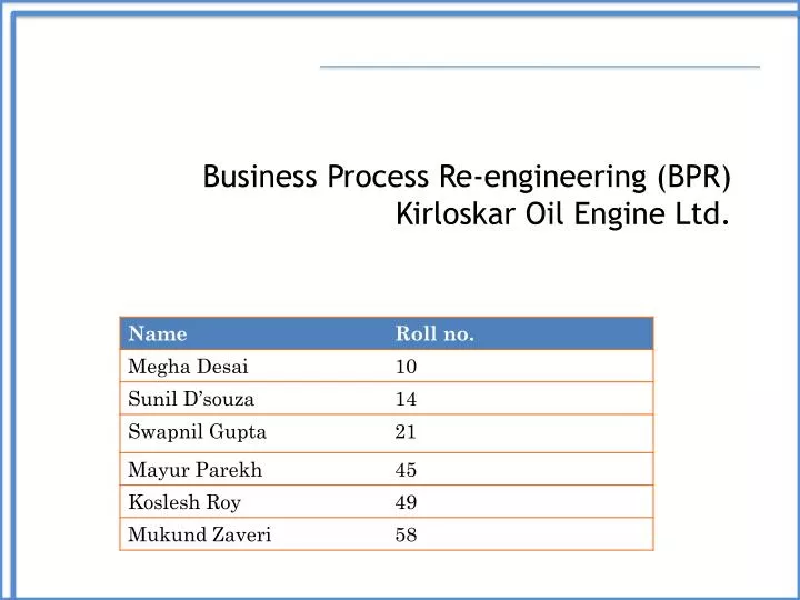 business process re engineering bpr kirloskar oil engine ltd