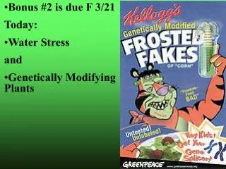 Bonus #2 is due F 3/21 Today: Water Stress and Genetically Modifying Plants