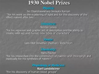 1930 Nobel Prizes