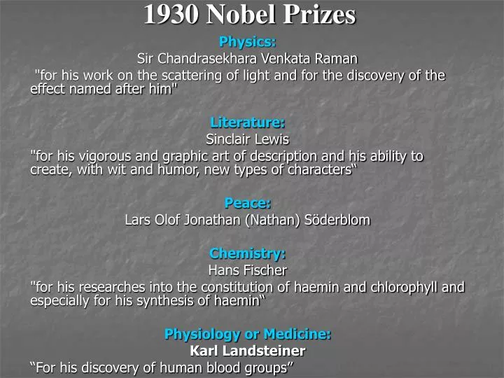 1930 nobel prizes