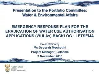 Presentation to the Portfolio Committee: Water &amp; Environmental Affairs