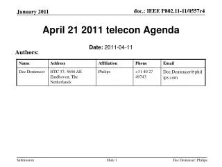 April 21 2011 telecon Agenda
