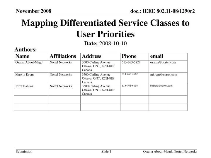 mapping differentiated service classes to user priorities
