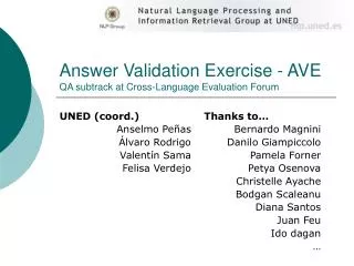 Answer Validation Exercise - AVE QA subtrack at Cross-Language Evaluation Forum