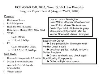 ECE 4006B Fall, 2002, Group 3, Nickolas Kingsley Progress Report Period (August 25-29, 2002)