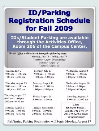 ID/Parking Registration Schedule for Fall 2009