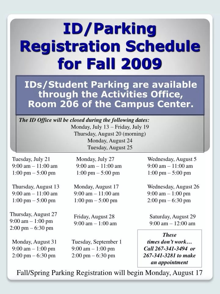 id parking registration schedule for fall 2009